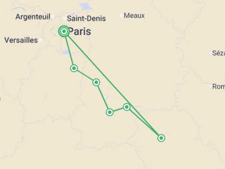 Map of France Cruise Tour with 7 destination visits for the trip: Revisit France's Past, its Royal Sites, and Medieval Cities during a Historic Cruise on the Petite Seine  (port-to-port cruise)