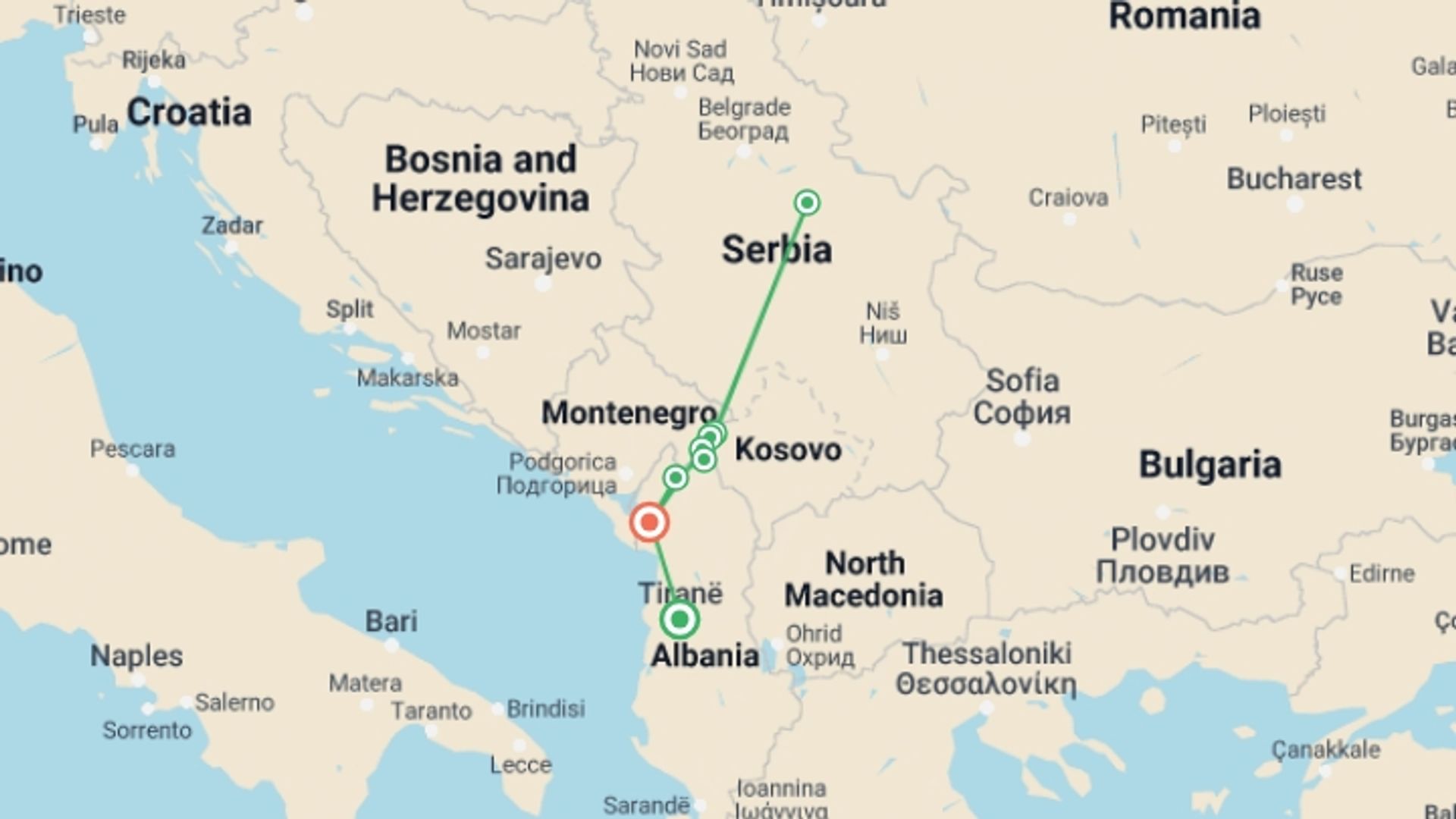 A map showing the tour itinerary for the trip: Hiking in Albania, Kosovo & Montenegro, starting in Tirana, Albania and ending in Shkoder, Albania going through 6 other destinations.