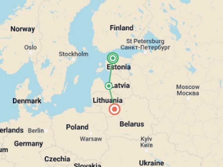 Map itinerary of Vilnius Tour in February 2026 with 3 destination visits for the trip: Stunning Baltics