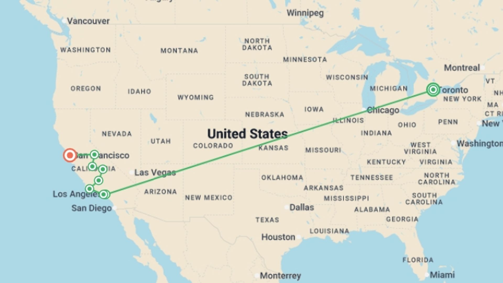 A map showing the tour itinerary for the trip: Toronto and Western Classics, starting in Toronto, Canada and ending in San Francisco, USA going through 3 other destinations.