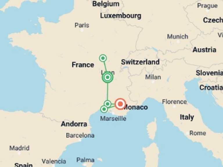 Map of Avignon Cruise Tour with 3 destination visits for the trip: Lyon to the Tip of Provence on the Rhône and Saône Rivers (port-to-port cruise)