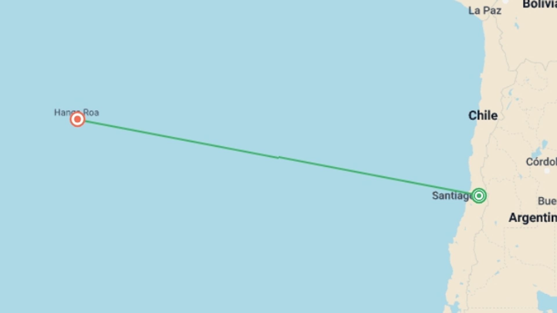 A map showing the tour itinerary for the trip: 7-Day Trip Santiago and Easter Island, starting in Santiago, Chile and ending in Easter Island, Chile going through 2 other destinations.