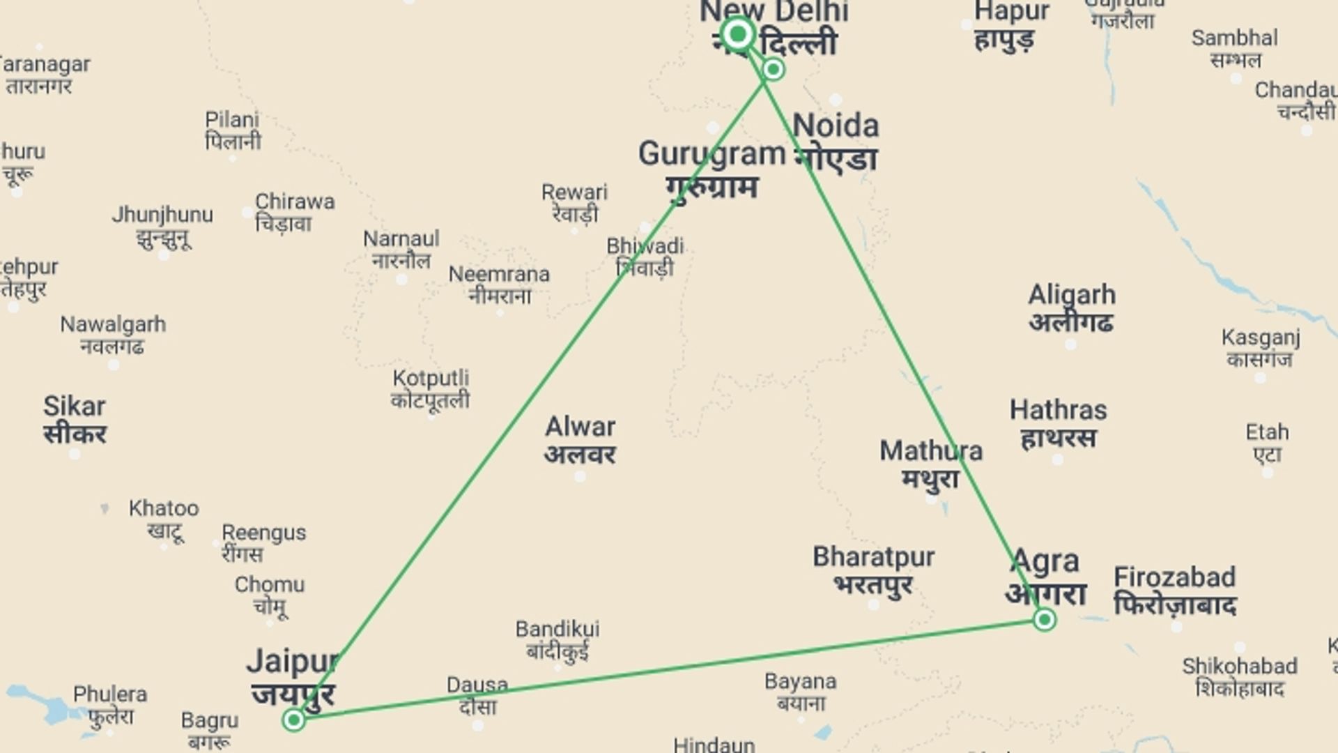 A map showing the tour itinerary for the trip: 2 Nights 3 Days Golden Triangle Tour, starting in Delhi & Golden Triangle, India and ending in Delhi & Golden Triangle, India going through 3 other destinations.