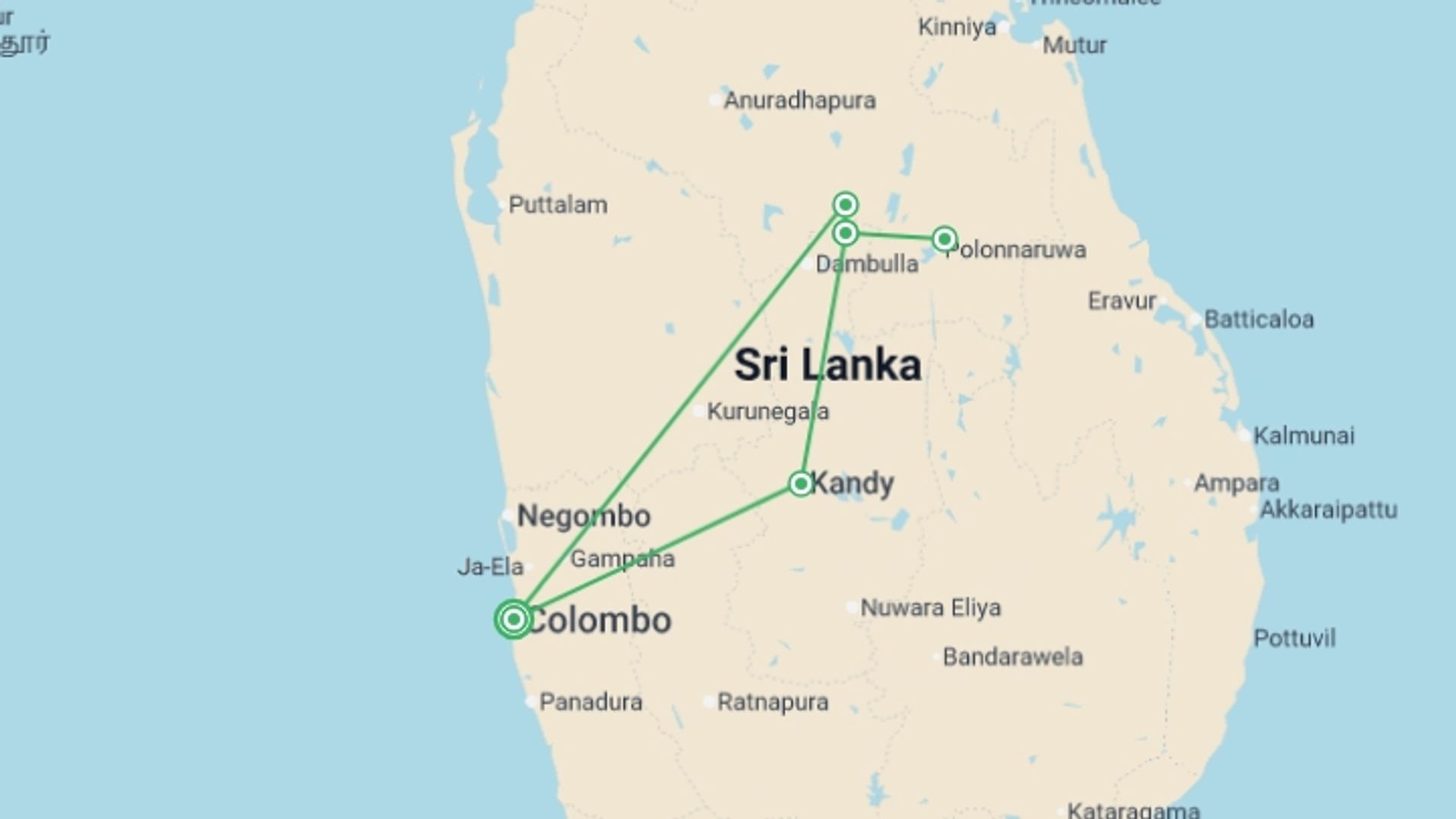 A map showing the tour itinerary for the trip: Splendors Of Sri Lanka, Private Tour, starting in Colombo, Sri Lanka and ending in Colombo, Sri Lanka going through 2 other destinations.