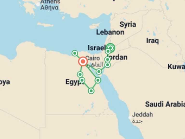 Map itinerary of Africa Tour in December 2025 with 11 destination visits for the trip: All Jordan and Egypt by land