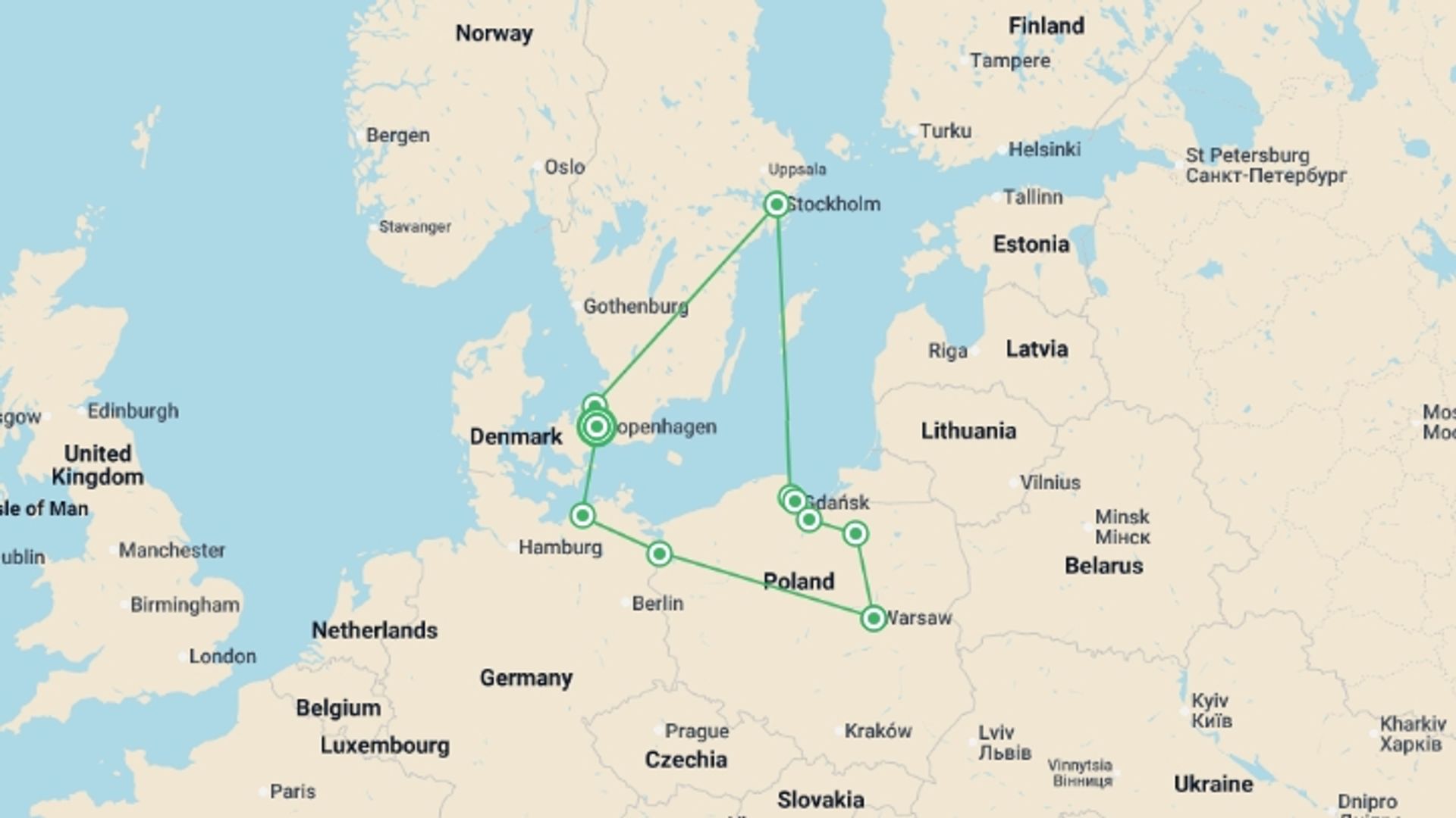 A map showing the tour itinerary for the trip: Nordic Gems and Poland End Copenhagen, starting in Copenhagen, Denmark and ending in Copenhagen, Denmark going through 5 other destinations.