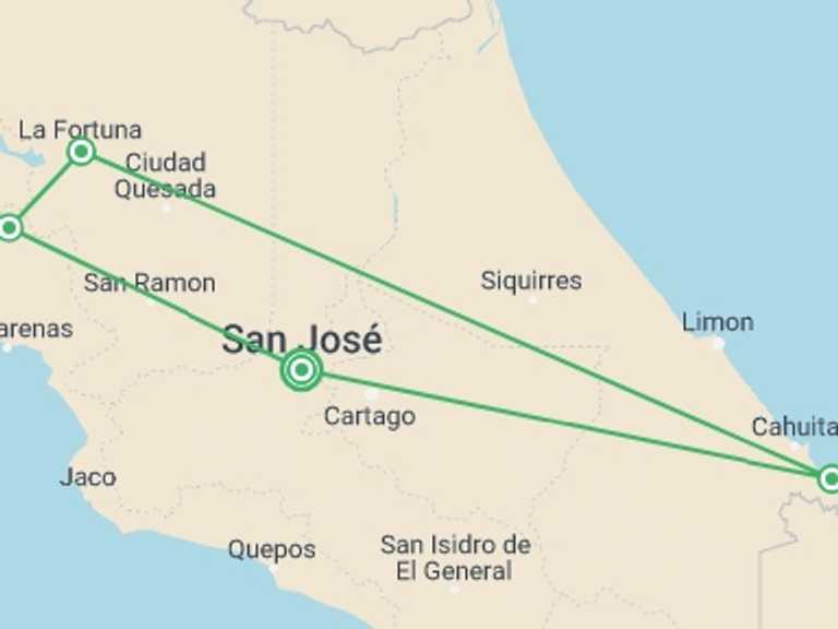 Map itinerary of San Jose Tour in January 2027 with 4 destination visits for the trip: Costa Rica: Hike, Bike & Raft