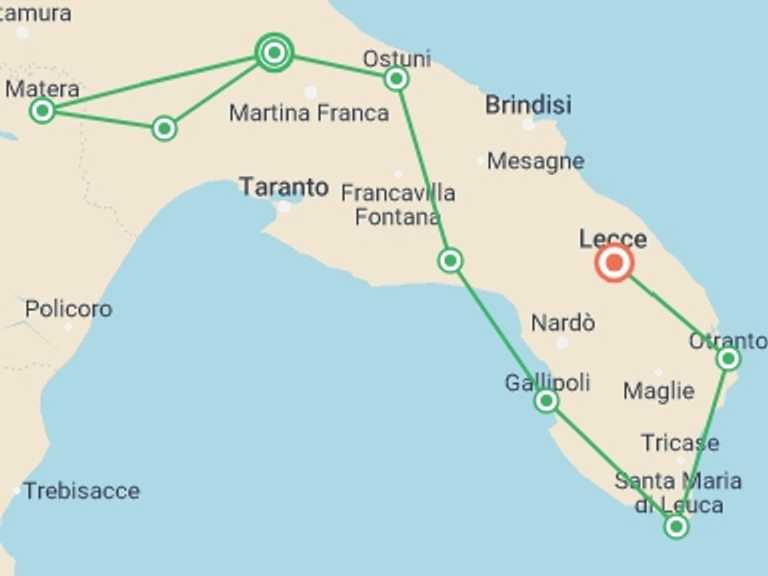 Map of a Bicycle Tour with 9 destination visits for the trip: Cycling the Heel of Italy - Matera to Lecce