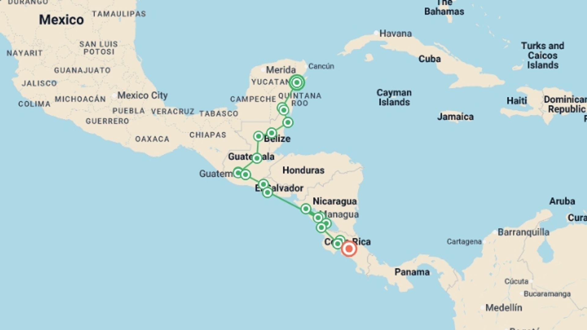 A map showing the tour itinerary for the trip: Tulum to San Jose, starting in Tulum, Mexico and ending in San Jose, Costa Rica going through 16 other destinations.