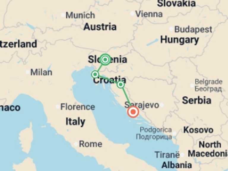 Map itinerary of Dubrovnik Tour in Fall with 5 destination visits for the trip: Croatia & Slovenia Real Food Adventure
