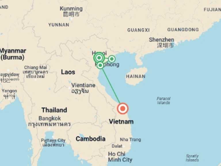 Map of Hanoi Local boat rides Tour with 5 destination visits for the trip: Vietnam Intro 9 day