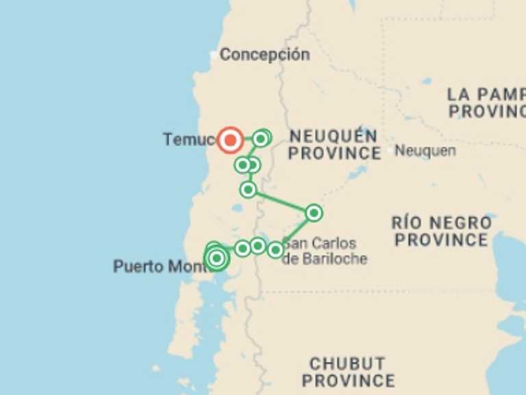 Map of South America Tour with 13 destination visits for the trip: Cycling the Lake District of Chile & Argentina