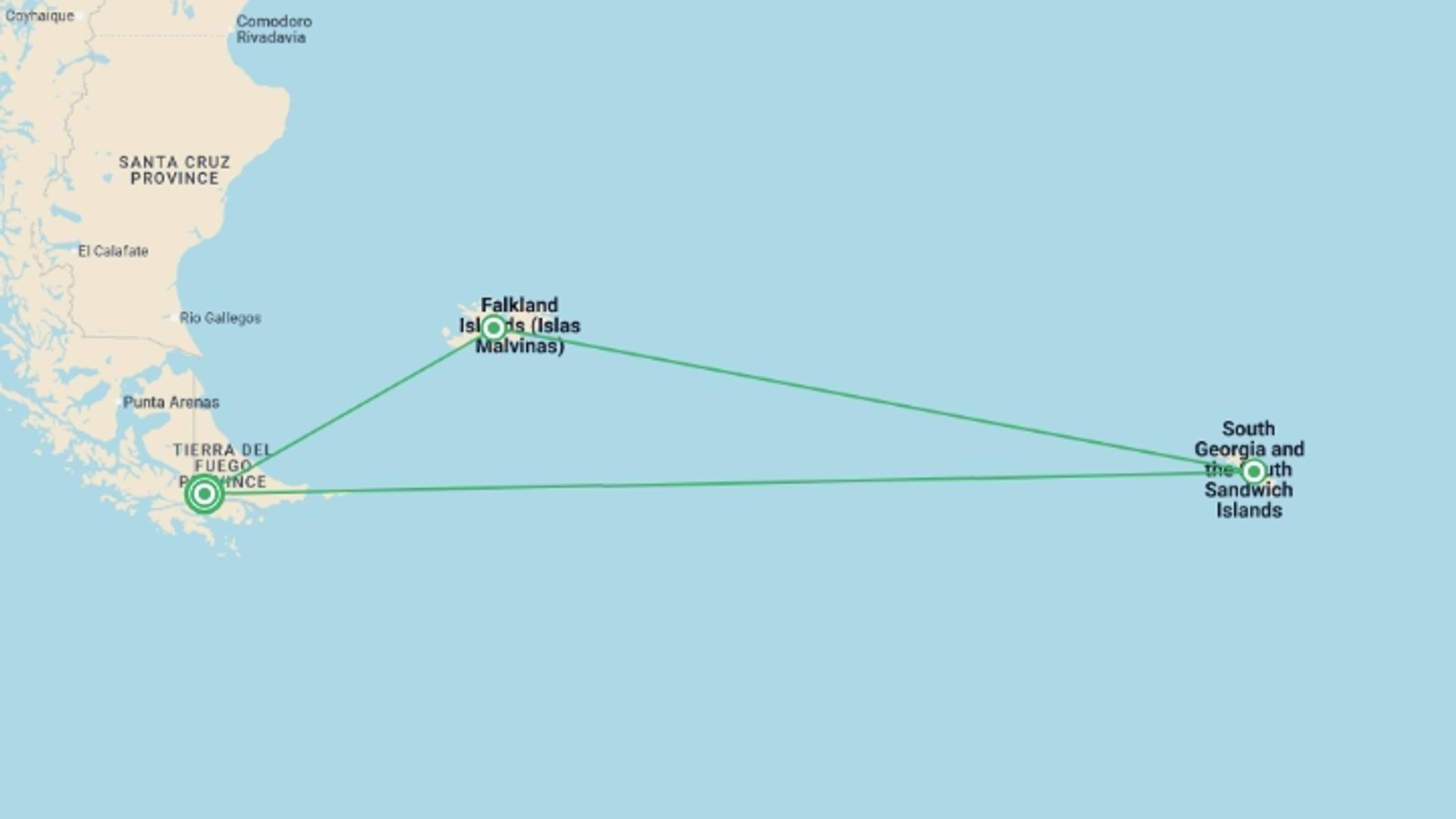 A map showing the tour itinerary for the trip: Penguins of the Far South: Falklands, South Georgia and Antarctica, starting in Ushuaia, Argentina and ending in Ushuaia, Argentina going through 2 other destinations.