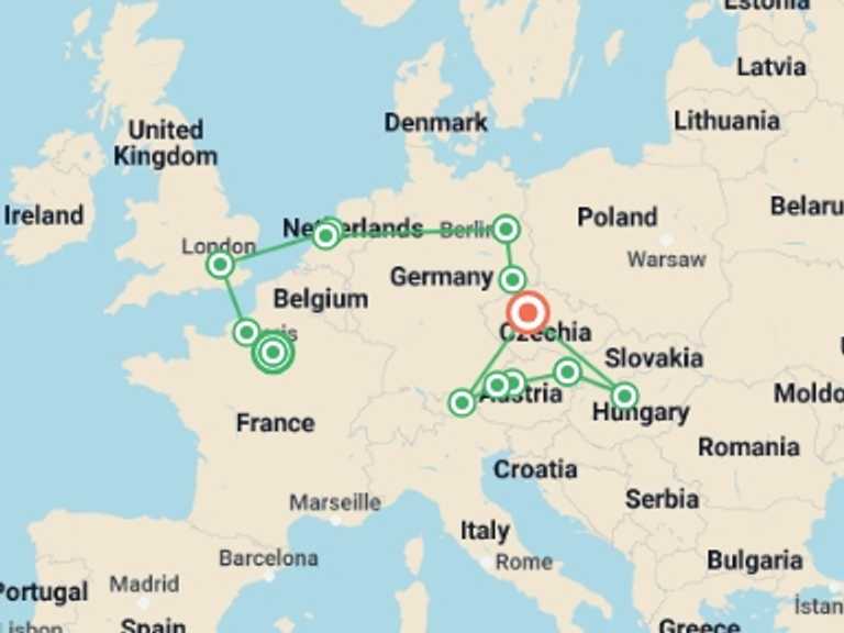 Map itinerary of Vienna Tour in February 2026 with 3 destination visits for the trip: Paris and Golden Capitals