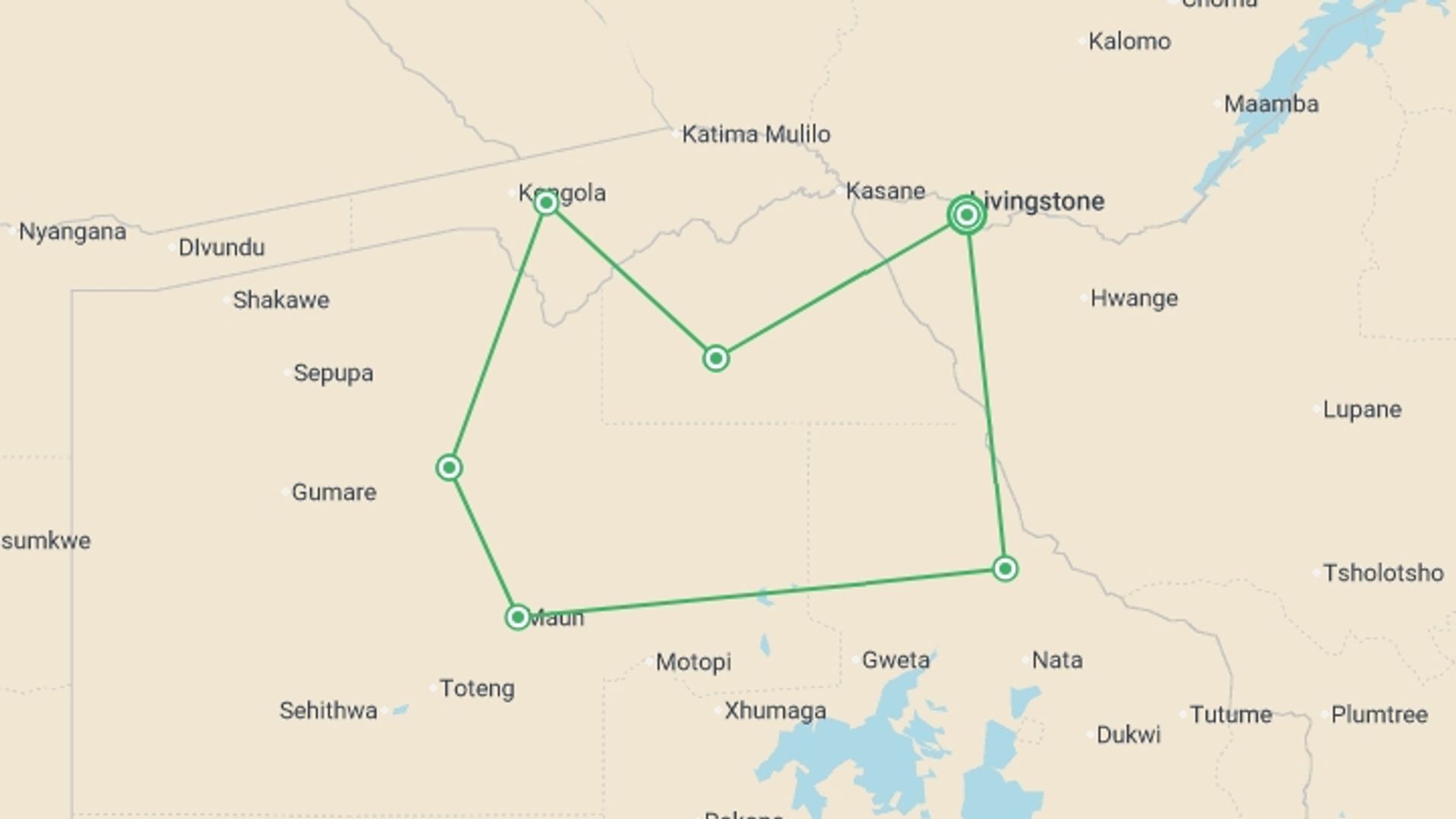 A map showing the tour itinerary for the trip: Botswana Highlights, starting in Victoria Falls, Zimbabwe and ending in Victoria Falls, Zimbabwe going through 5 other destinations.