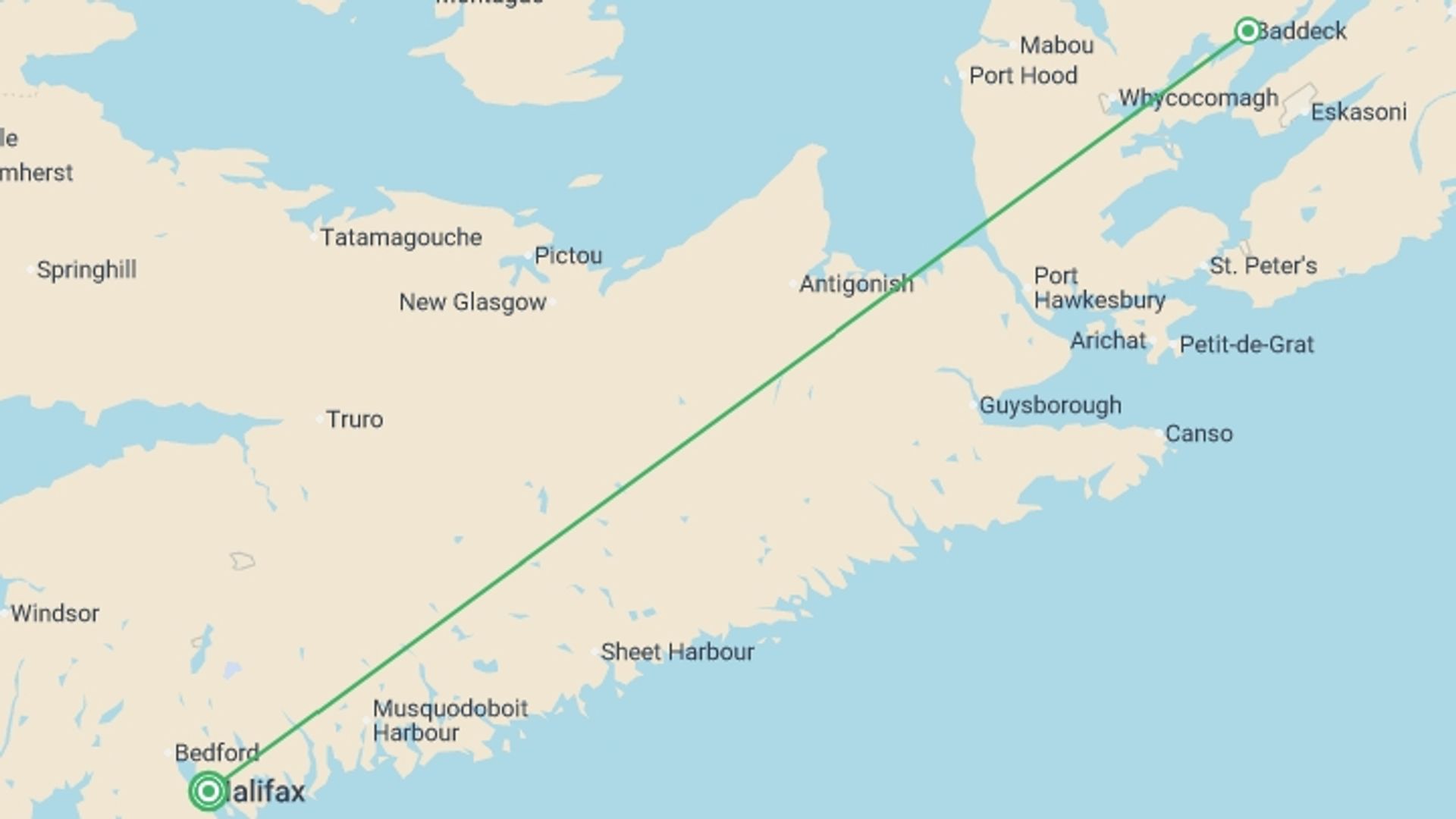 A map showing the tour itinerary for the trip: Halifax & Cape Breton Island - 6 days, starting in Halifax, Canada and ending in Halifax, Canada going through 1 other destinations.