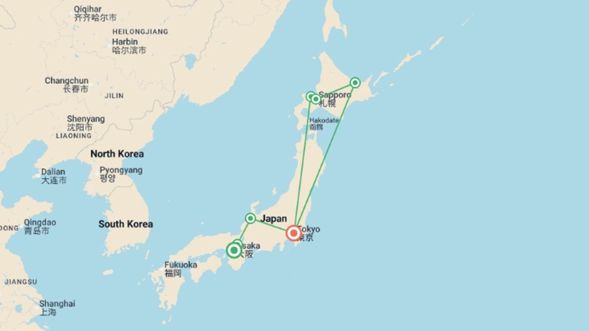 A map showing the tour itinerary for the trip: Japan Winter Adventure, starting in Osaka, Japan and ending in Tokyo, Japan going through 5 other destinations.