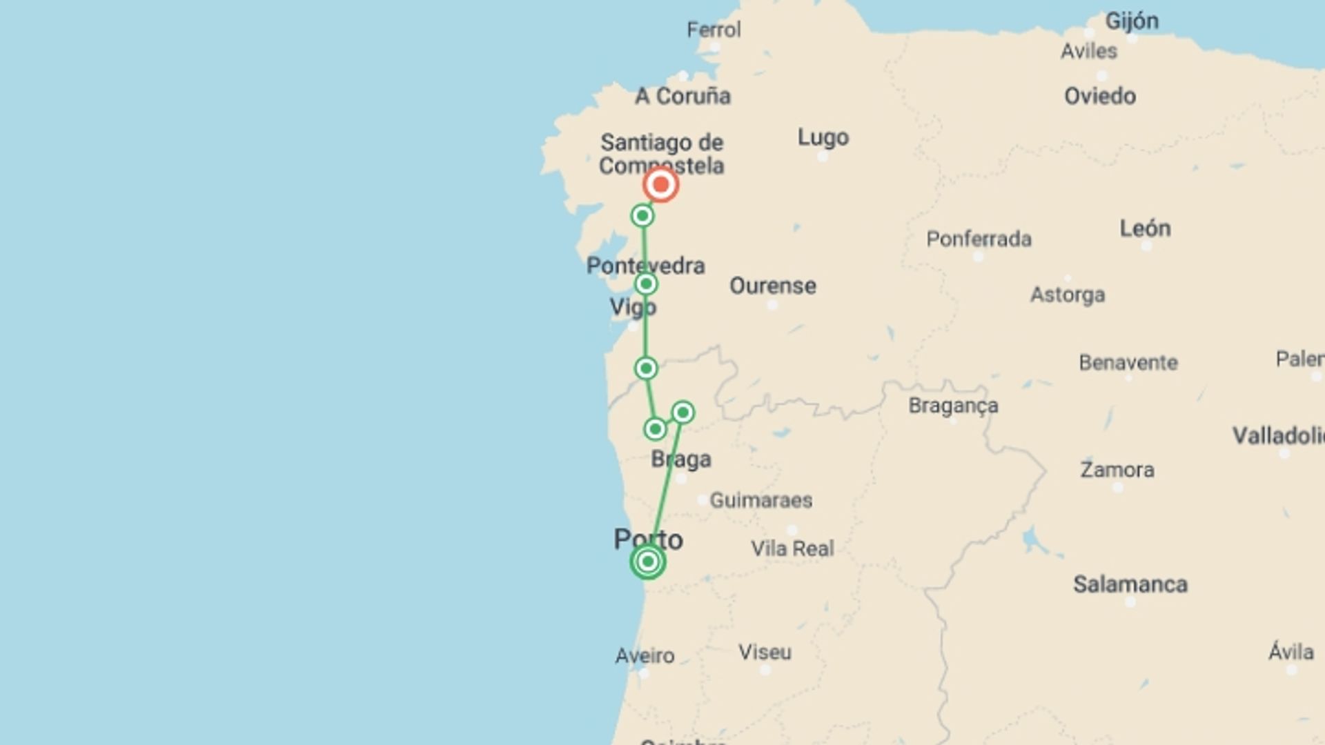 A map showing the tour itinerary for the trip: Portuguese Camino Cycle - Porto to Santiago, starting in Porto, Portugal and ending in Santiago De Compostela, Spain going through 5 other destinations.
