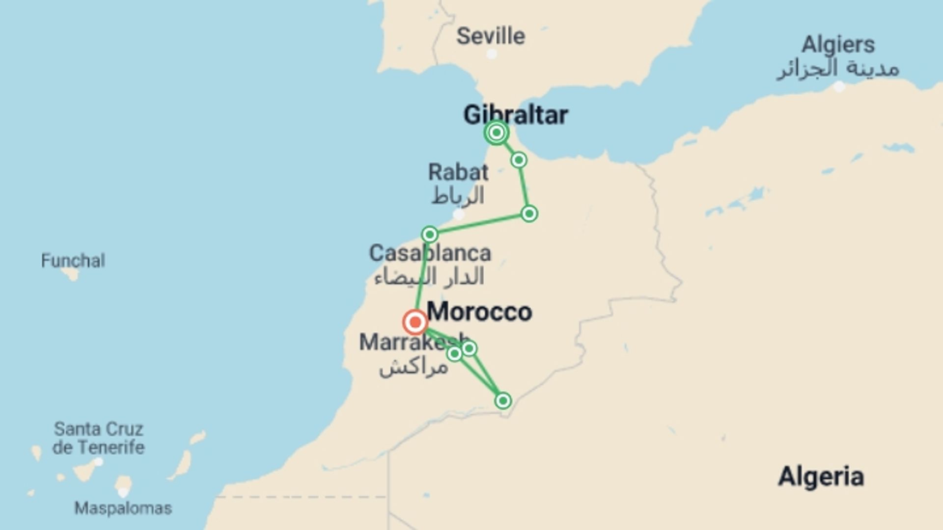A map showing the tour itinerary for the trip: Explore Morocco: The North & The Sahara, starting in Tangier, Morocco and ending in Marrakech, Morocco going through 6 other destinations.