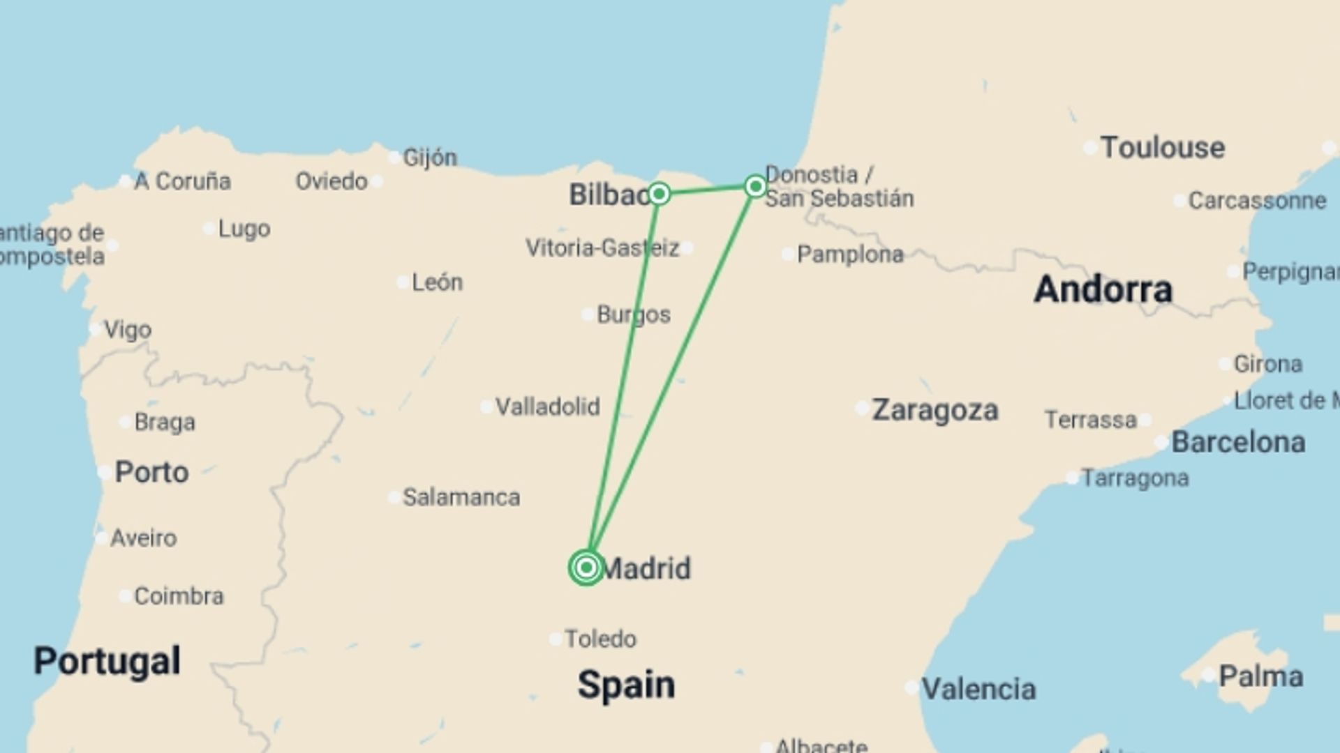 A map showing the tour itinerary for the trip: Basque Country from Madrid, starting in Madrid, Spain and ending in Madrid, Spain going through 2 other destinations.