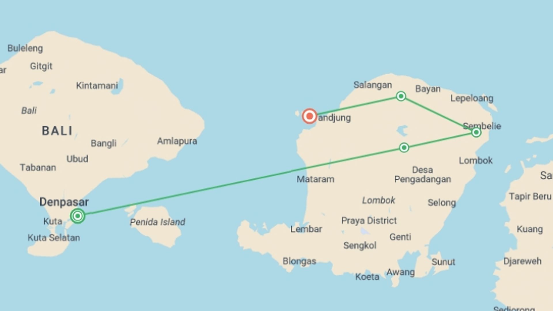 A map showing the tour itinerary for the trip: Discover Lombok, starting in Sanur, Indonesia and ending in Gili Air Island, Indonesia going through 5 other destinations.