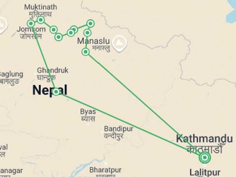 Map itinerary of Nepal Tour in Winter with 14 destination visits for the trip: Nar Phu Valley Trek