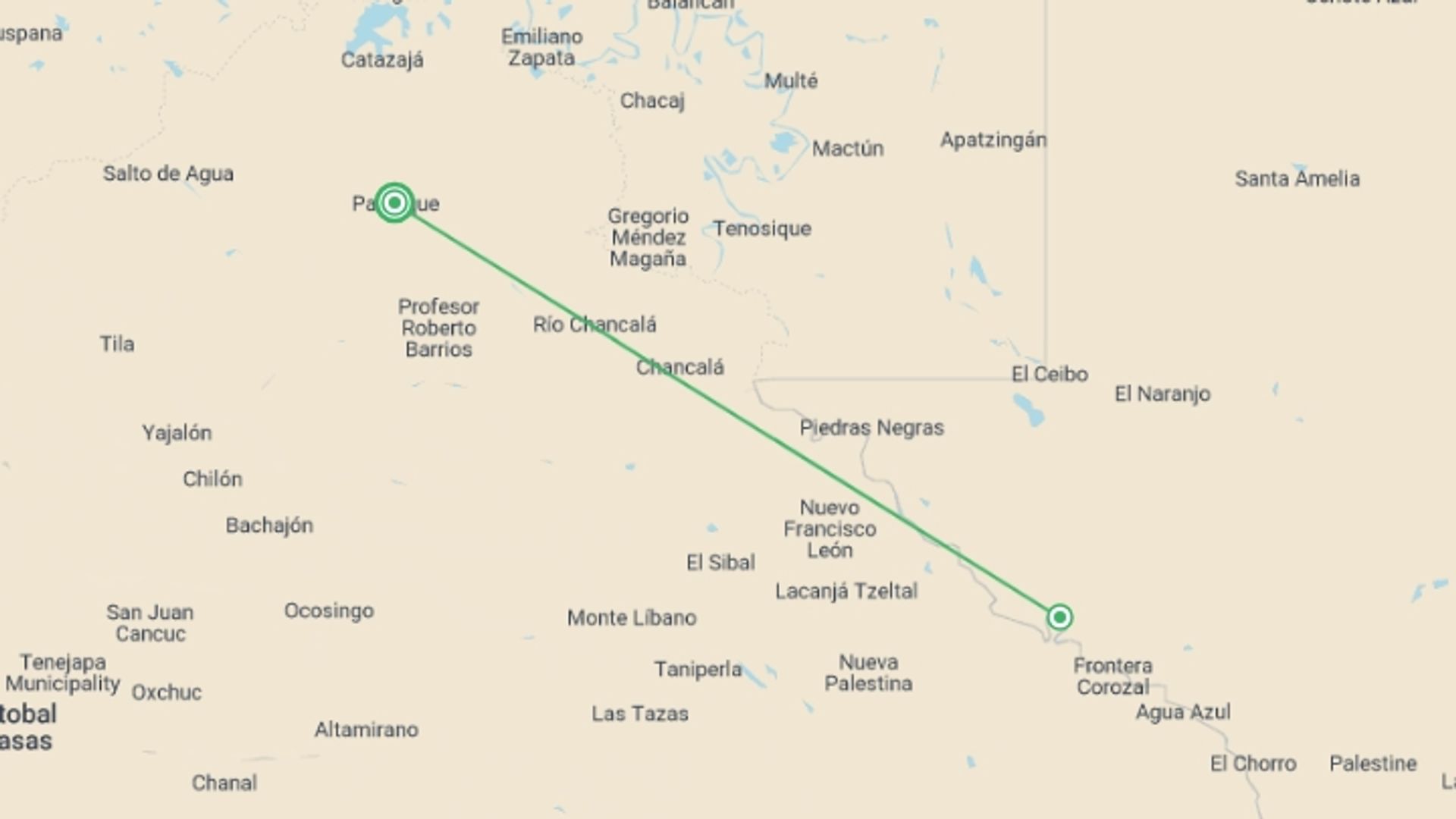 A map showing the tour itinerary for the trip: Bonampak & Yaxchilan 2D/1N, starting in Zona Arqueológica Palenque, Mexico and ending in Palenque, Mexico going through 1 other destinations.