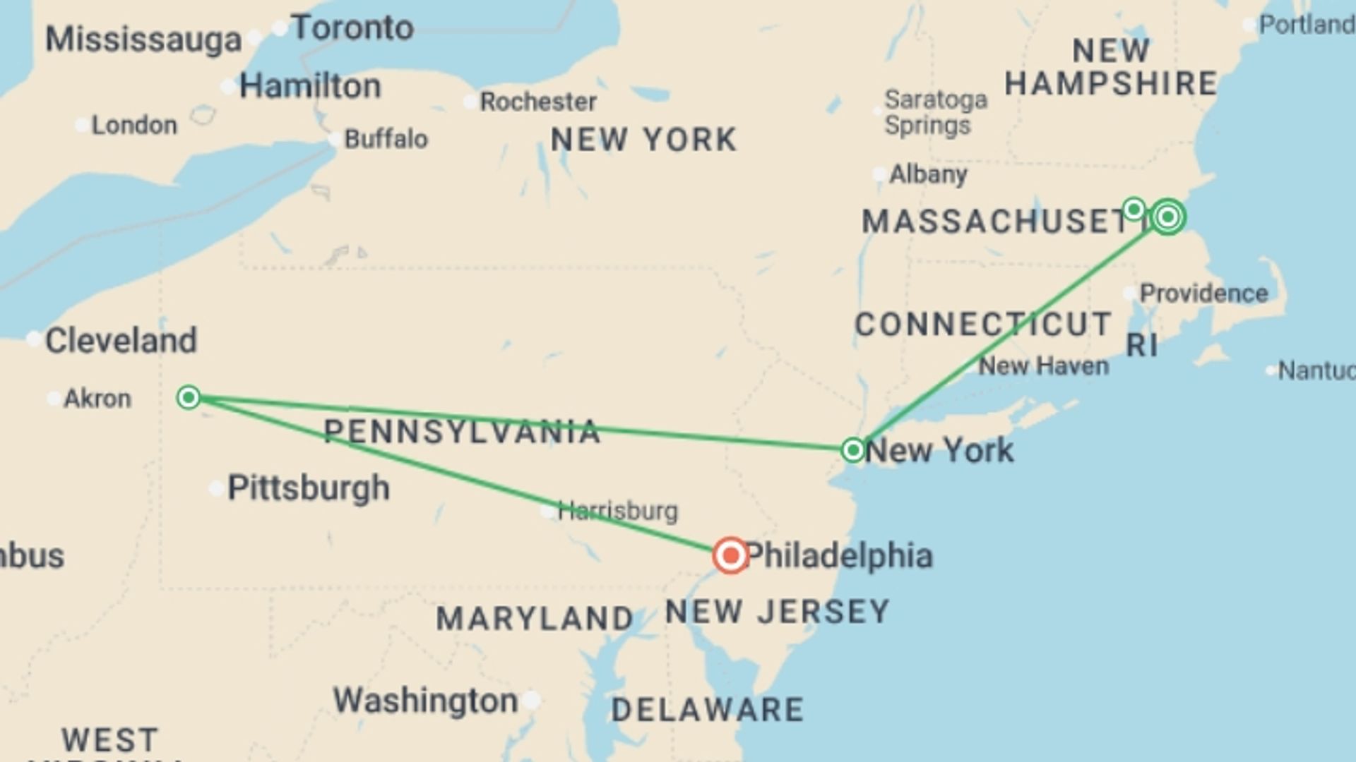 A map showing the tour itinerary for the trip: The American Story From Historic Boston to the Gateway of Ellis Island, starting in Boston, USA and ending in Philadelphia, USA going through 3 other destinations.