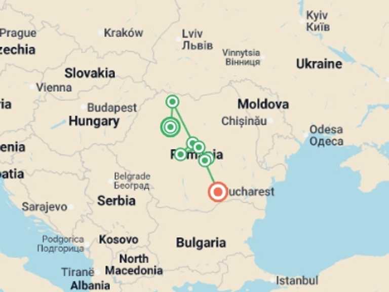 Map of 10-Day Balkans Tour with 8 destination visits for the trip: Highlights of Romania