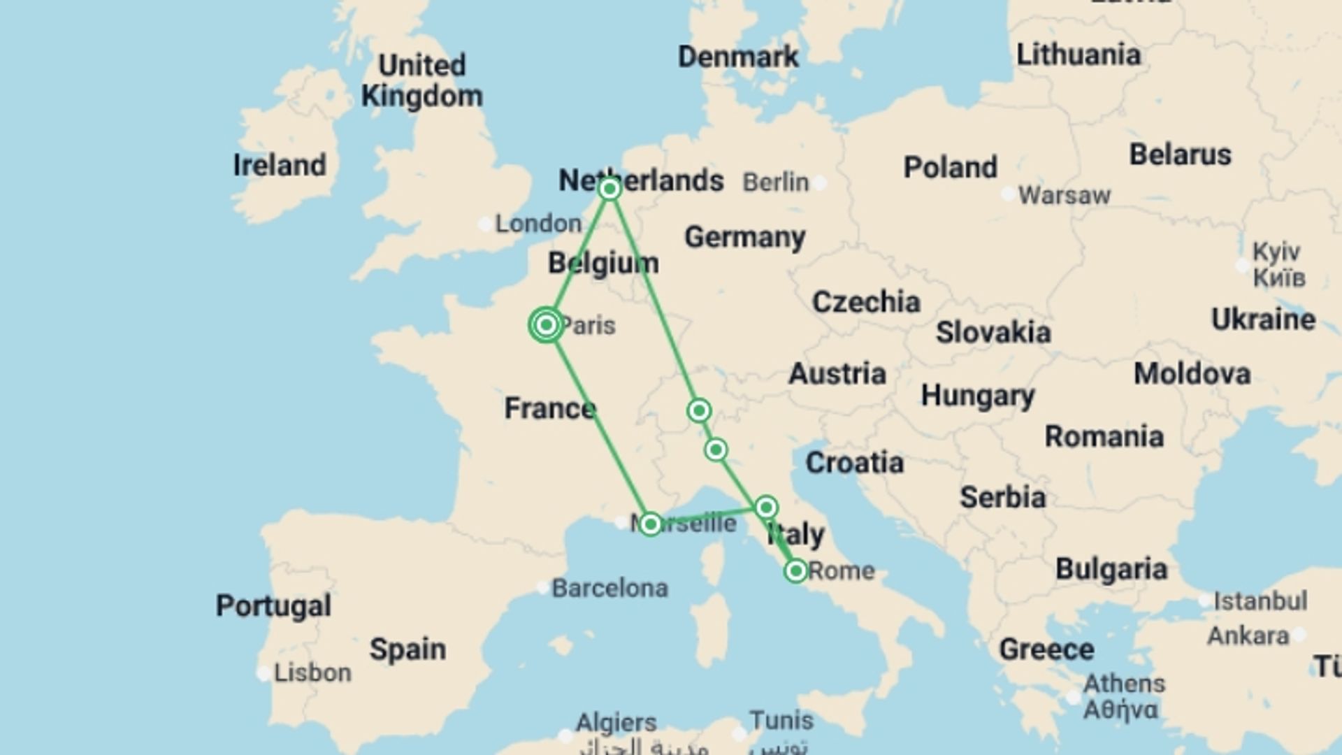 A map showing the tour itinerary for the trip: Central & Western Europe: Main Cities & More, starting in Paris, France and ending in Paris, France going through 6 other destinations.