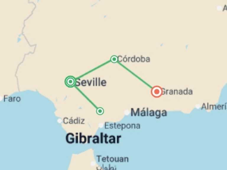 Map itinerary of Spain Tour in September 2027 with 3 destination visits for the trip: Signature Spain | Light Through Olive Groves