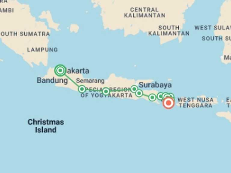 Map of Indonesia Tour with 13 destination visits for the trip: Java & Bali Explorer