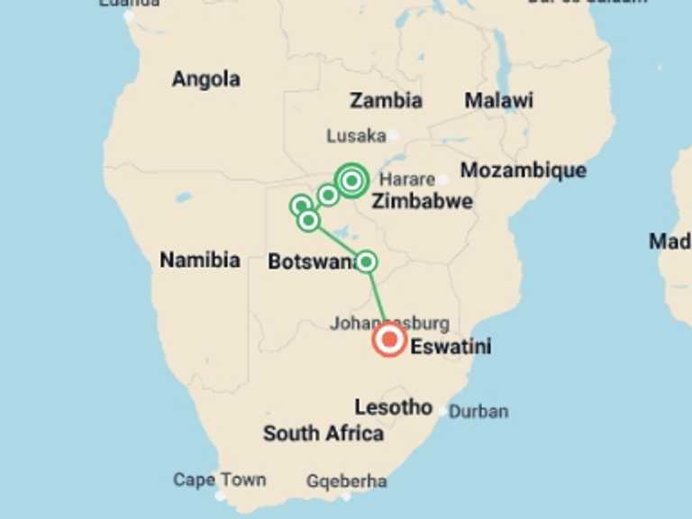 Map of a Road Tour with 7 destination visits for the trip: Okavango & Beyond