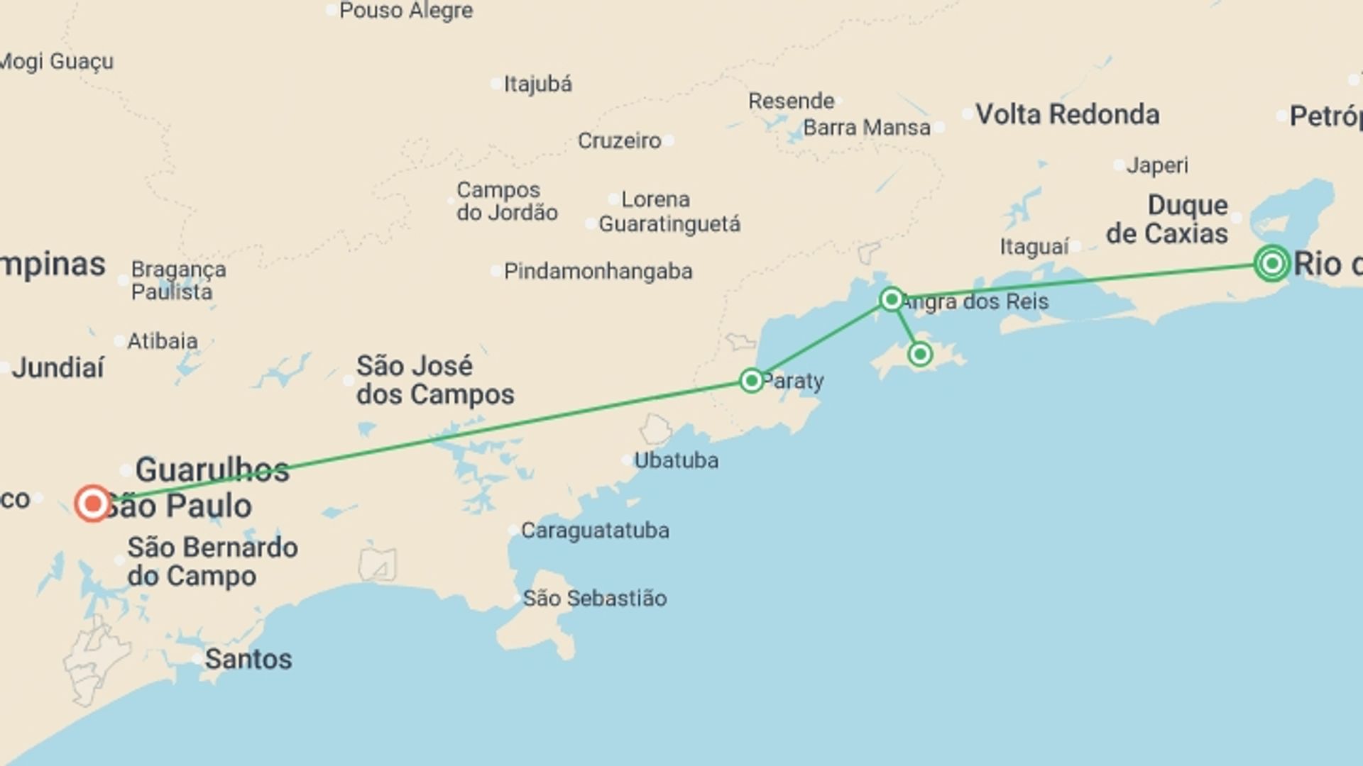 A map showing the tour itinerary for the trip: Rio, Green Coast & Sao Paulo (Deluxe) - 9 days, starting in Rio de Janeiro, Brazil and ending in Sao Paulo, Brazil going through 2 other destinations.