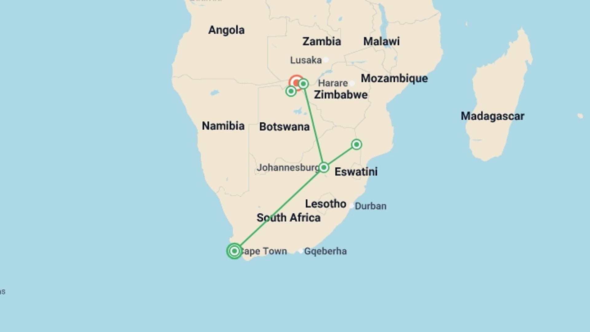 A map showing the tour itinerary for the trip: Cape, Safari and Falls 35 to 45, starting in Cape Town, South Africa and ending in Kasane, Botswana going through 4 other destinations.