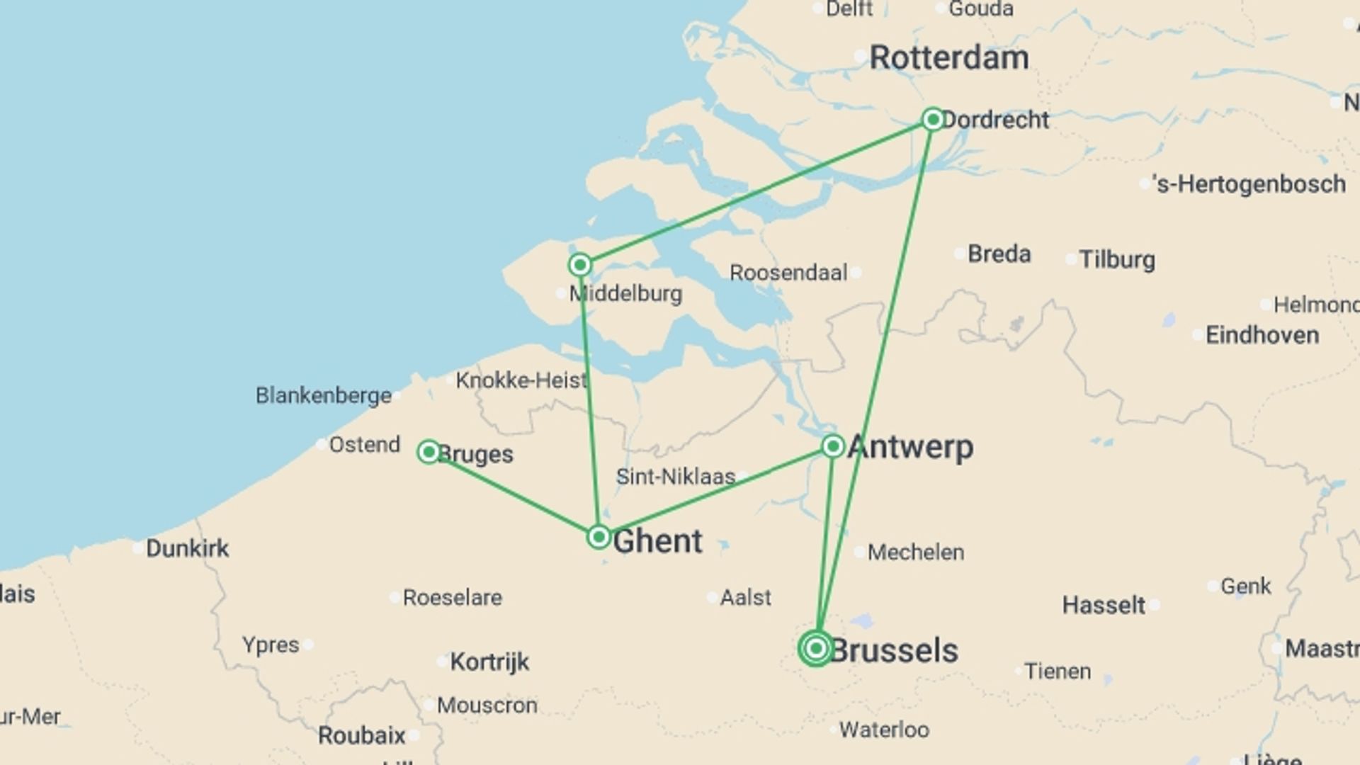 A map showing the tour itinerary for the trip: An Exclusive Cruise to Top Sites in Northern Europe (port-to-port cruise), starting in Brussels, Belgium and ending in Brussels, Belgium going through 4 other destinations.