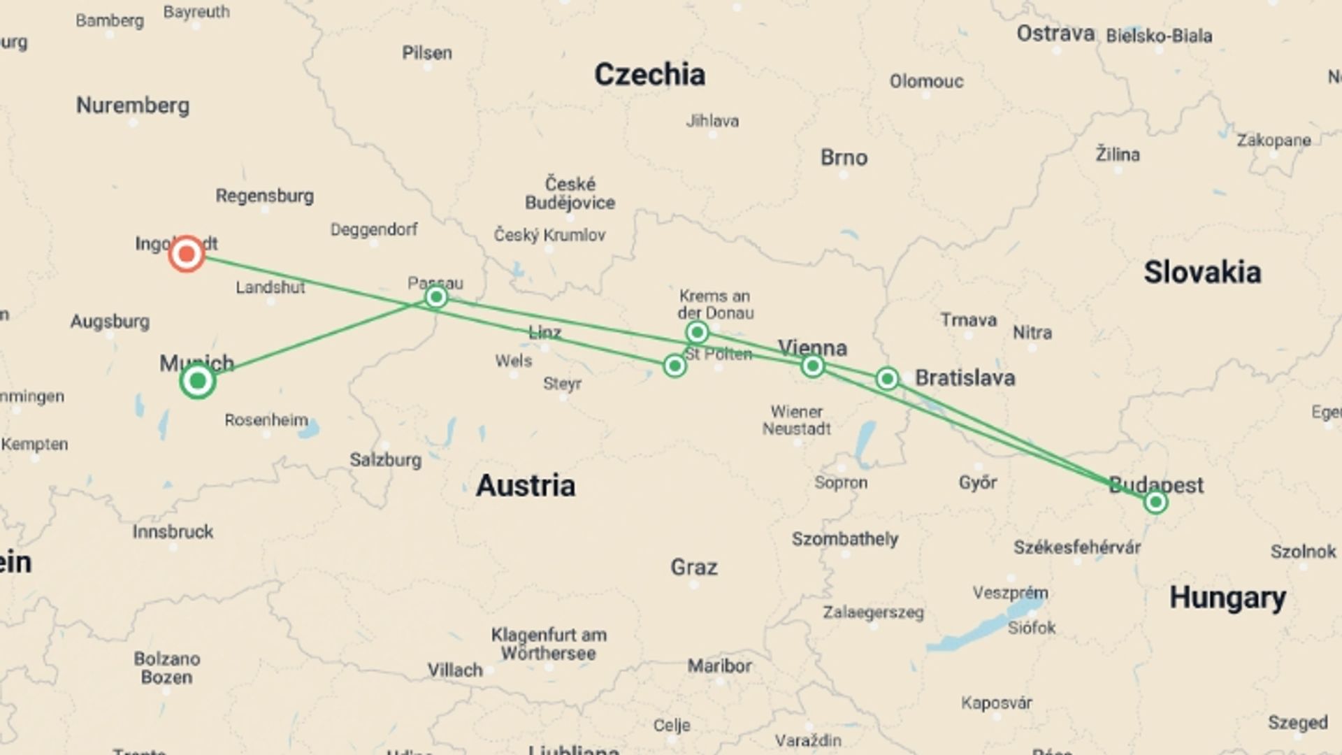 A map showing the tour itinerary for the trip: Magical Danube Cruise, starting in Munich, Germany and ending in Bavaria, Germany going through 5 other destinations.