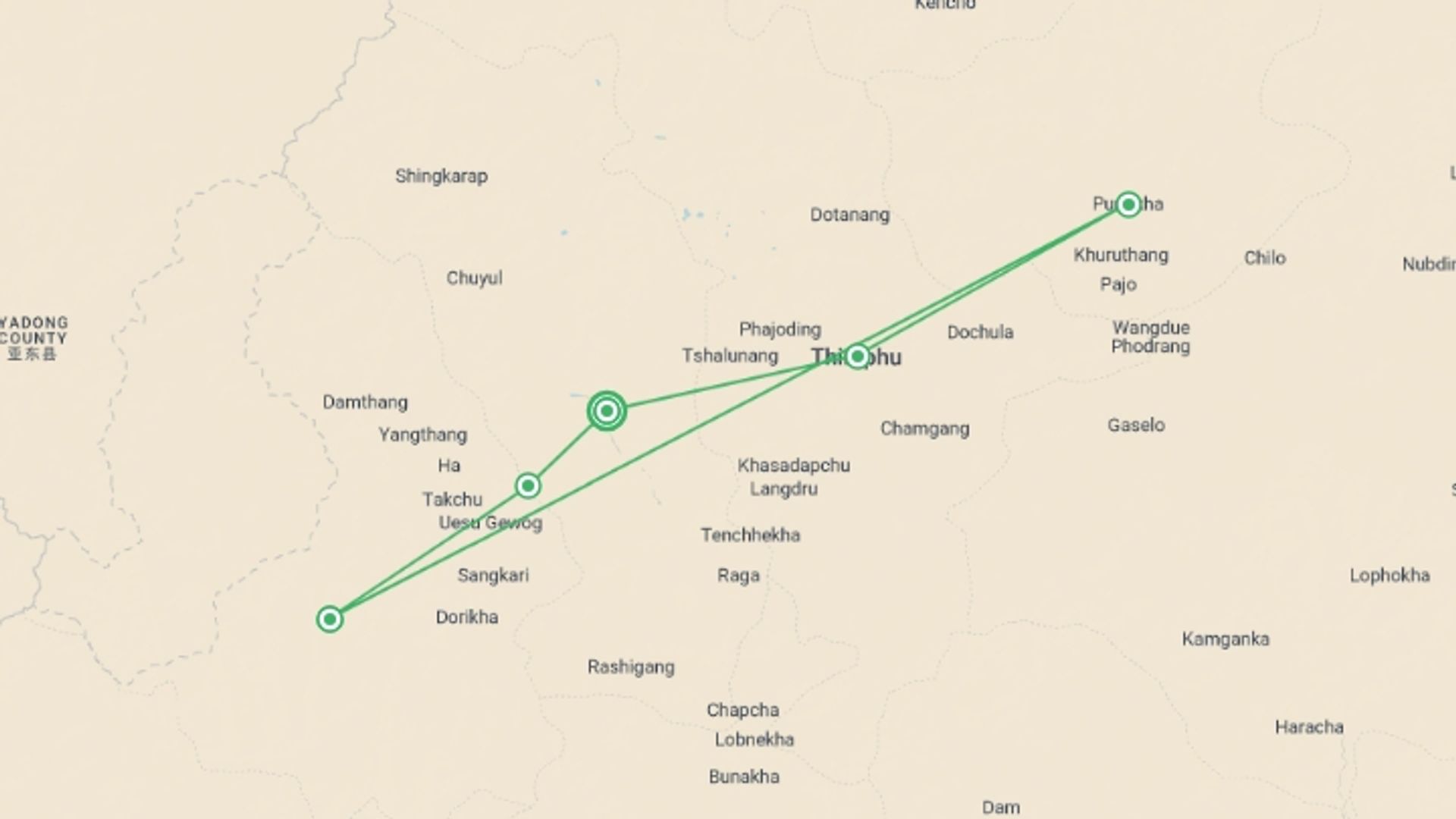 A map showing the tour itinerary for the trip: Bhutan: The Haa Valley, Himalayan Passes & Tiger's Nest, starting in Paro, Bhutan and ending in Paro, Bhutan going through 4 other destinations.