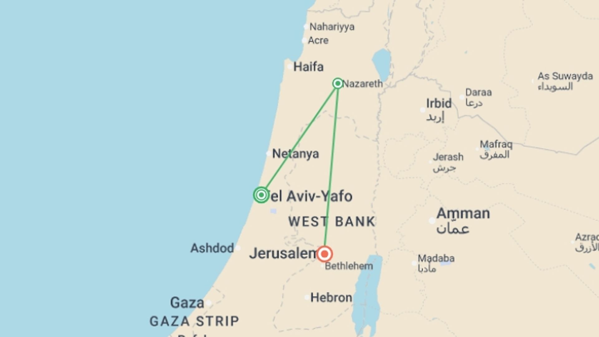 A map showing the tour itinerary for the trip: Discover Israel, starting in Tel Aviv, Israel and ending in Jerusalem, Israel going through 1 other destinations.