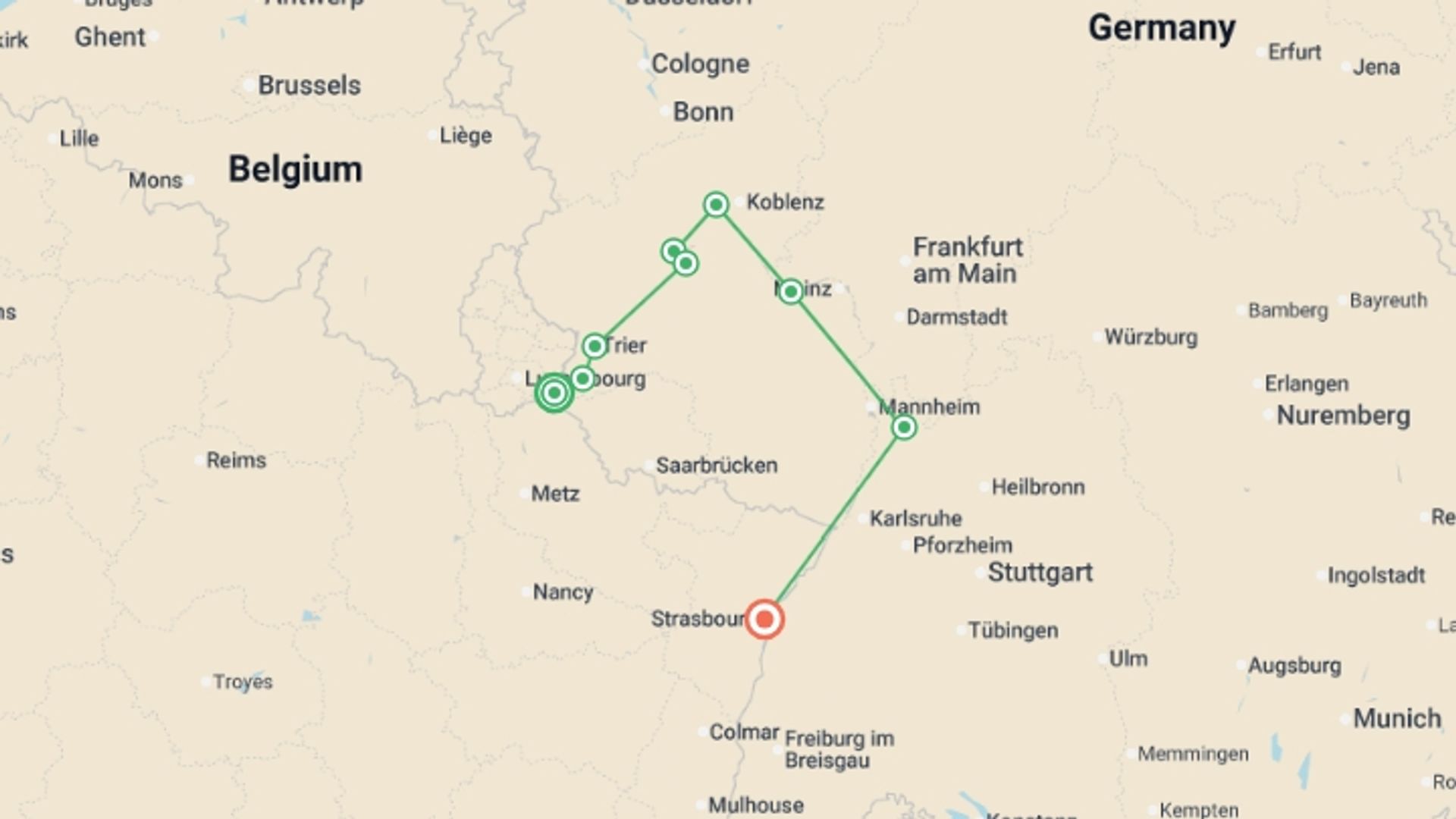 A map showing the tour itinerary for the trip: 4 Rivers: The Moselle, Sarre, Romantic Rhine, and Neckar Valleys, starting in Remich, Luxembourg and ending in Strasbourg, France going through 5 other destinations.