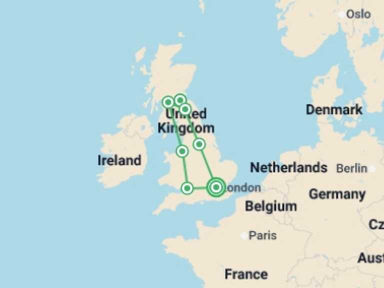 Map of Europe Cultural, religious and historic sites Tour with 7 destination visits for the trip: Amazing Britain