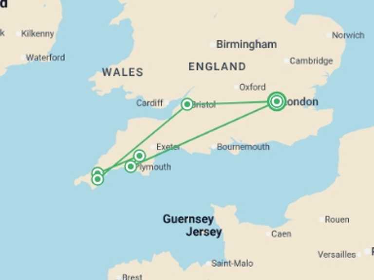 Map itinerary of England Tour in April 2027 with 6 destination visits for the trip: Devon and Cornwall Escape - Small Group