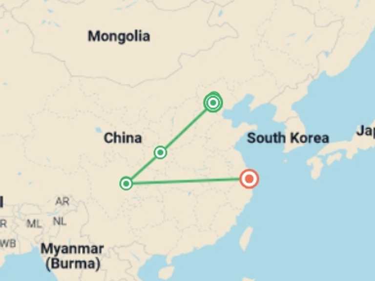 Map of China Tour with 4 destination visits for the trip: Essential China