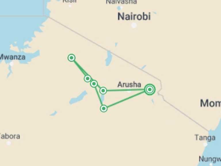 Map itinerary of Tanzania Tour in April 2027 with 6 destination visits for the trip: Eight-Day Wildlife Safari & Game Drive in Tanzania