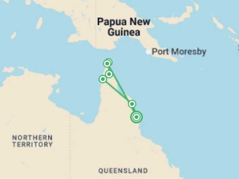 Map itinerary of Australia Tour in September 2026 with 6 destination visits for the trip: Cape York Frontier