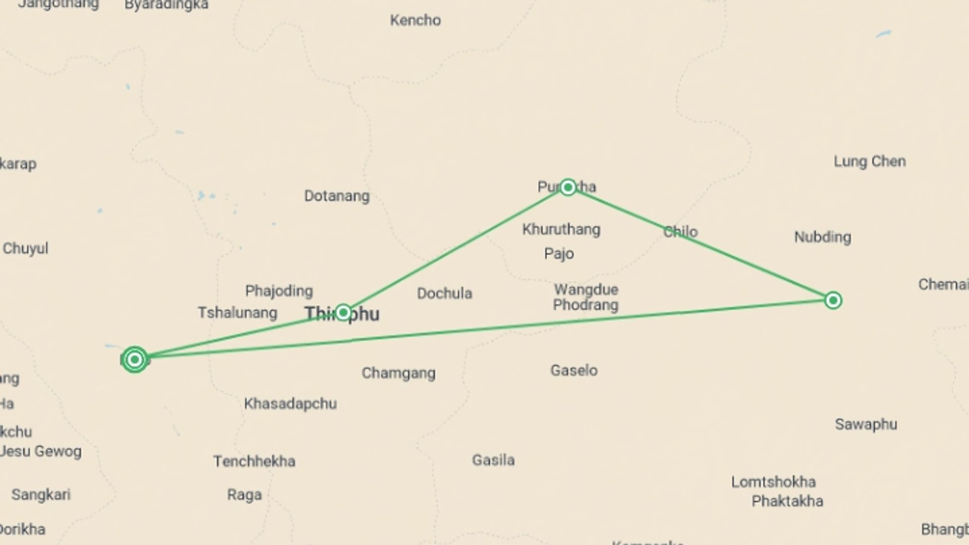A map showing the tour itinerary for the trip: 8-Day Bhutan Nature with Phobjikha Valley, starting in Paro, Bhutan and ending in Paro, Bhutan going through 3 other destinations.