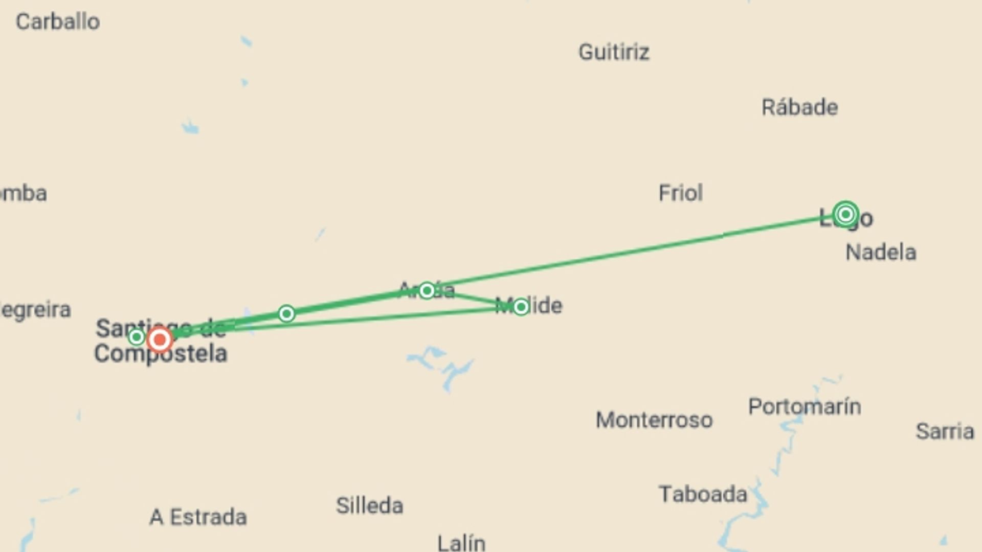 A map showing the tour itinerary for the trip: Camino de Santiago From Lugo - 7 days, starting in Lugo, Spain and ending in Santiago De Compostela, Spain going through 4 other destinations.