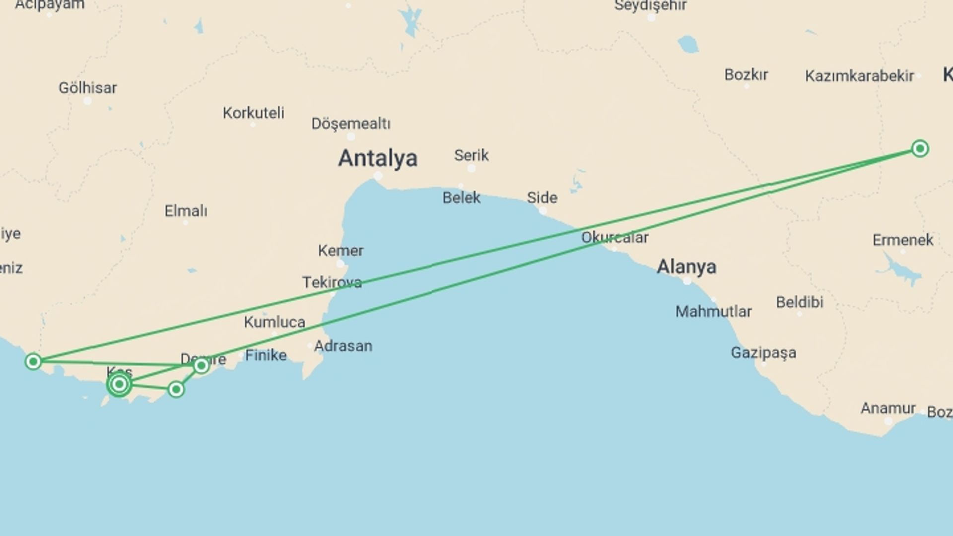 A map showing the tour itinerary for the trip: Family Turkey Coastal Active Adventure, starting in Kas, Turkey and ending in Kas, Turkey going through 4 other destinations.