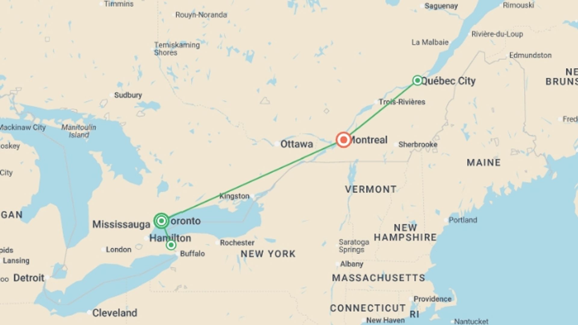 A map showing the tour itinerary for the trip: Icons of Eastern Canada: Toronto to Montreal, starting in Toronto, Canada and ending in Montreal, Canada going through 2 other destinations.
