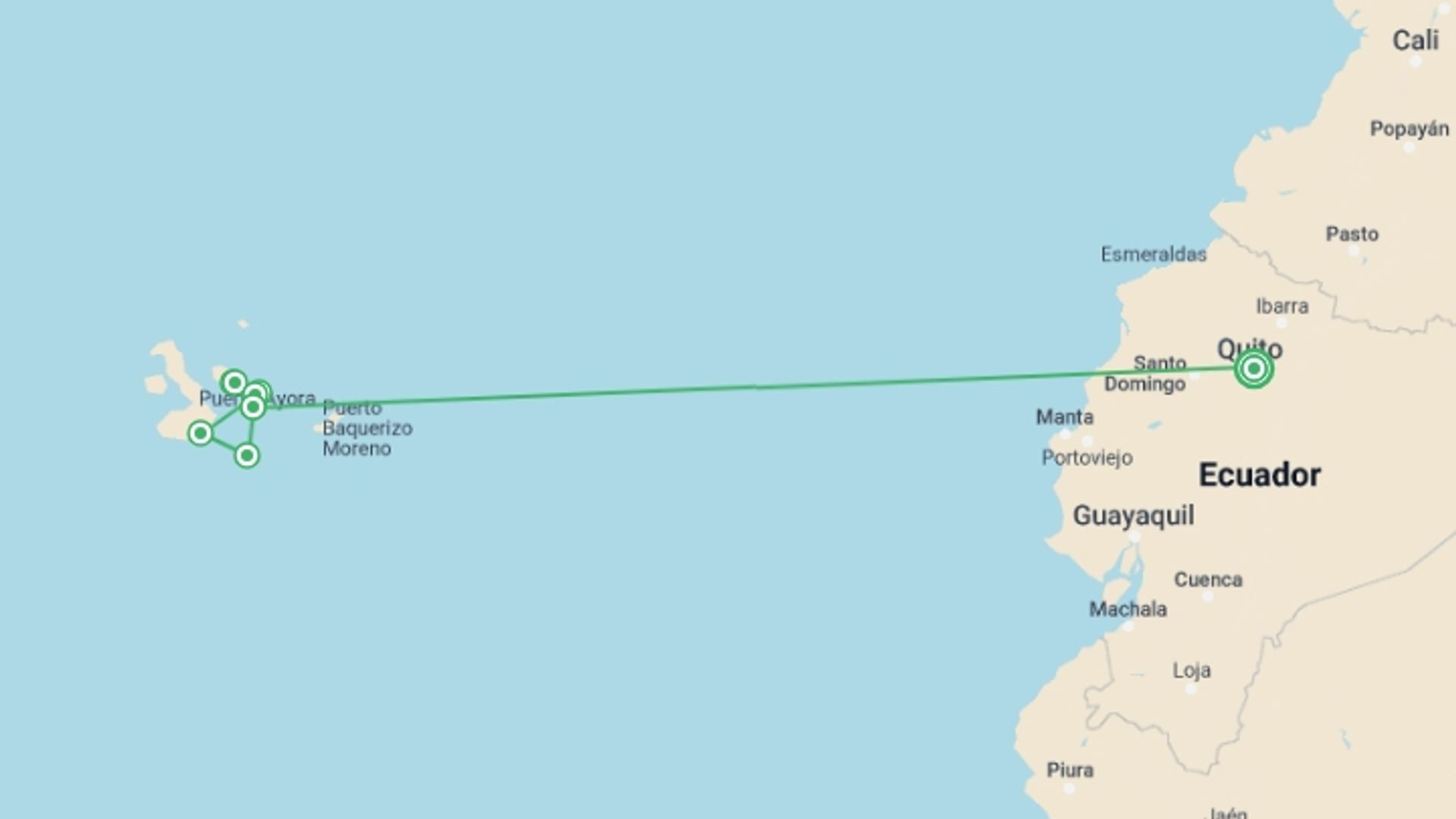 A map showing the tour itinerary for the trip: Classic Galapagos: Central Southern Islands (Grand Queen Beatriz), starting in Quito, Ecuador and ending in Quito, Ecuador going through 7 other destinations.